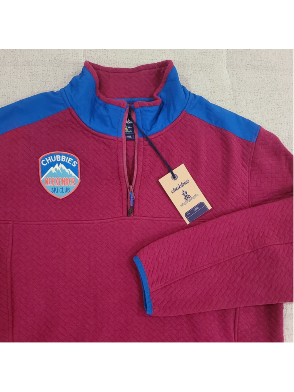 NEW Chubbies 1/4 Zip Pullover Mens Sz L Quilted Sweatshirt Deep Red Weekender